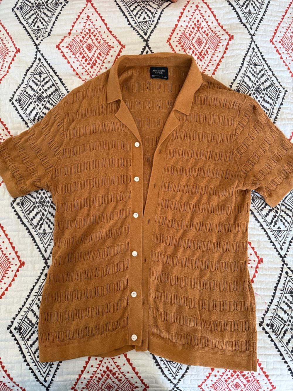 Abercrombie & Fitch Men’s Short-Sleeve Open-Knit Button Down — Cognac Brown